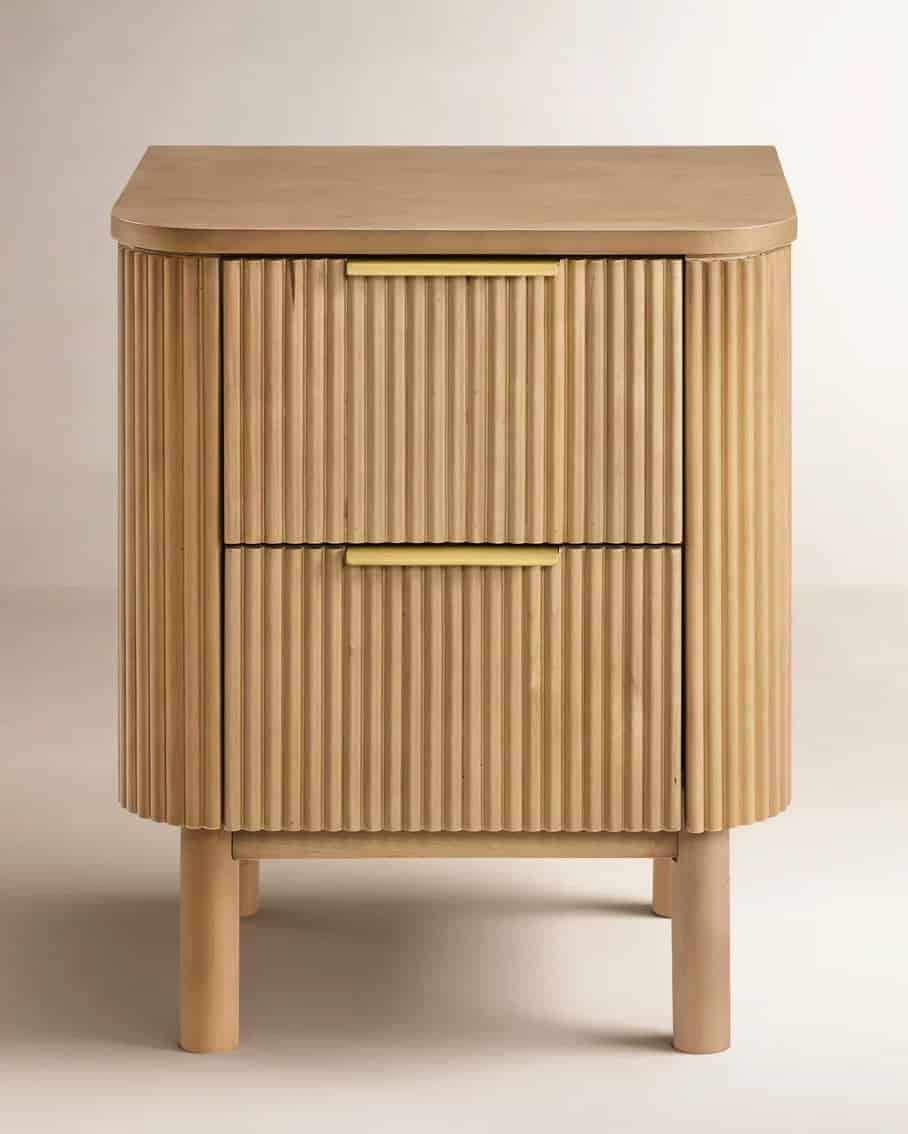 Fluted two drawer nightstand with mid-century modern styling.