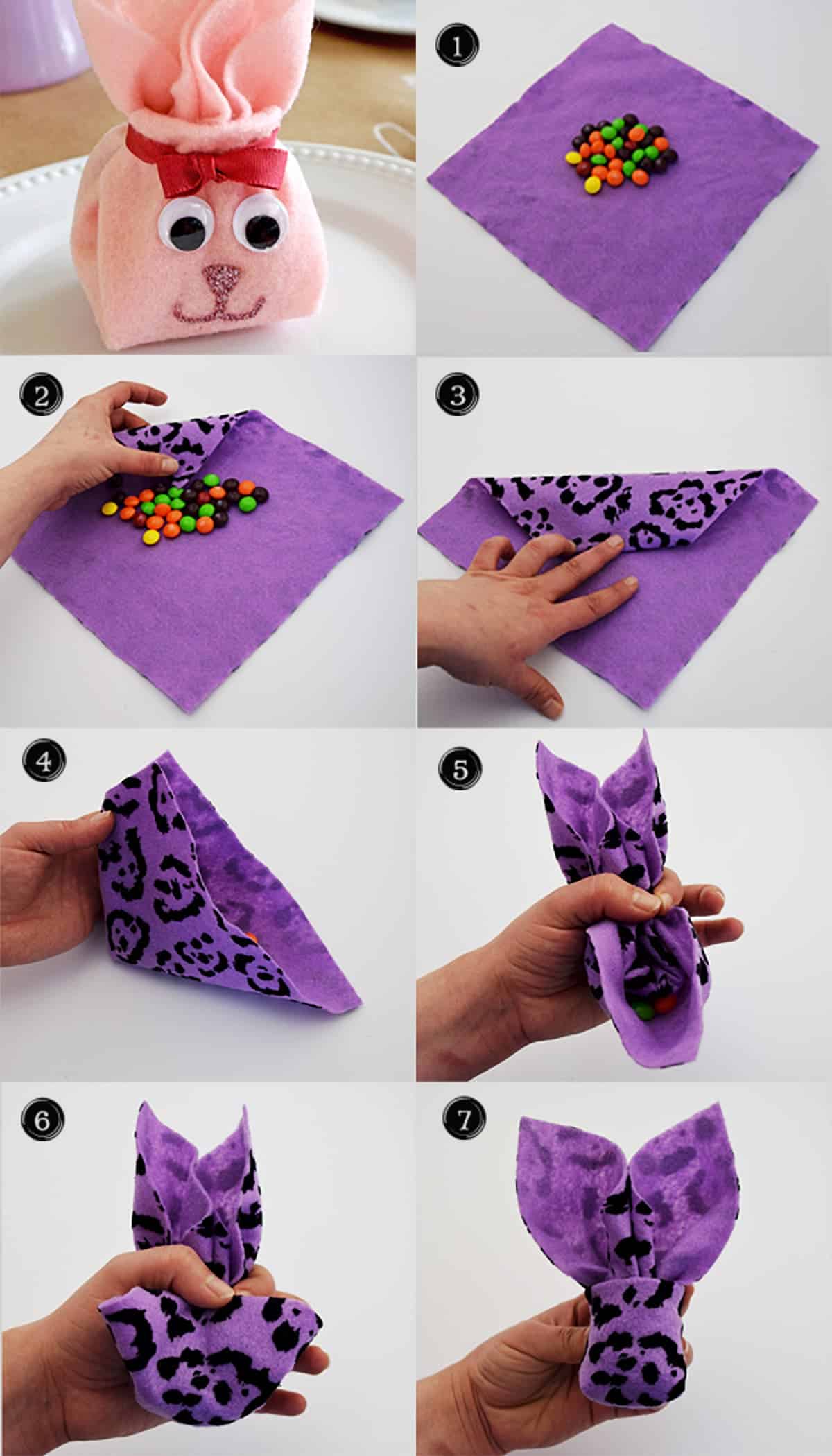 Steps of folding fabric or napkin into a bunny shape filled with candy.