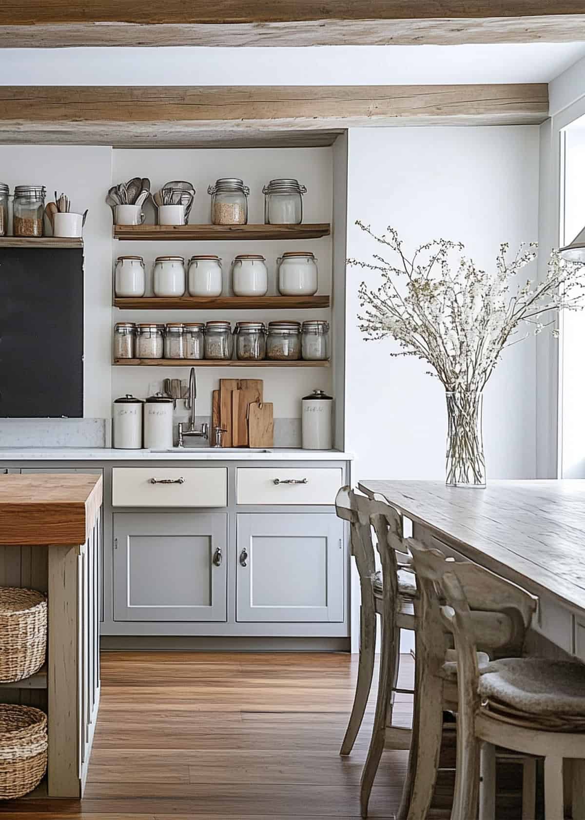 A cottage French country kitchen with rustic farmhouse table, mismatched cabinets, and open shelving with pantry jars on them.