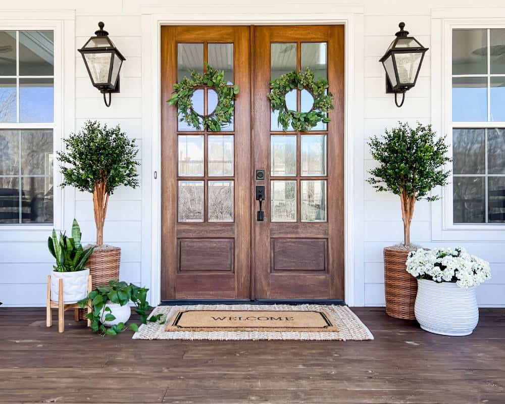 Rustic Cottage Front porch with planters and decorations.