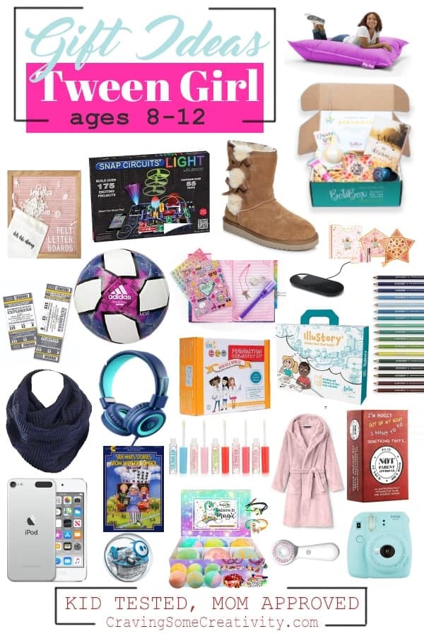 Best gifts for tween girls includes images of gift ideas for girls 9-12 including camera, robe, bath bomb, iPod and more.