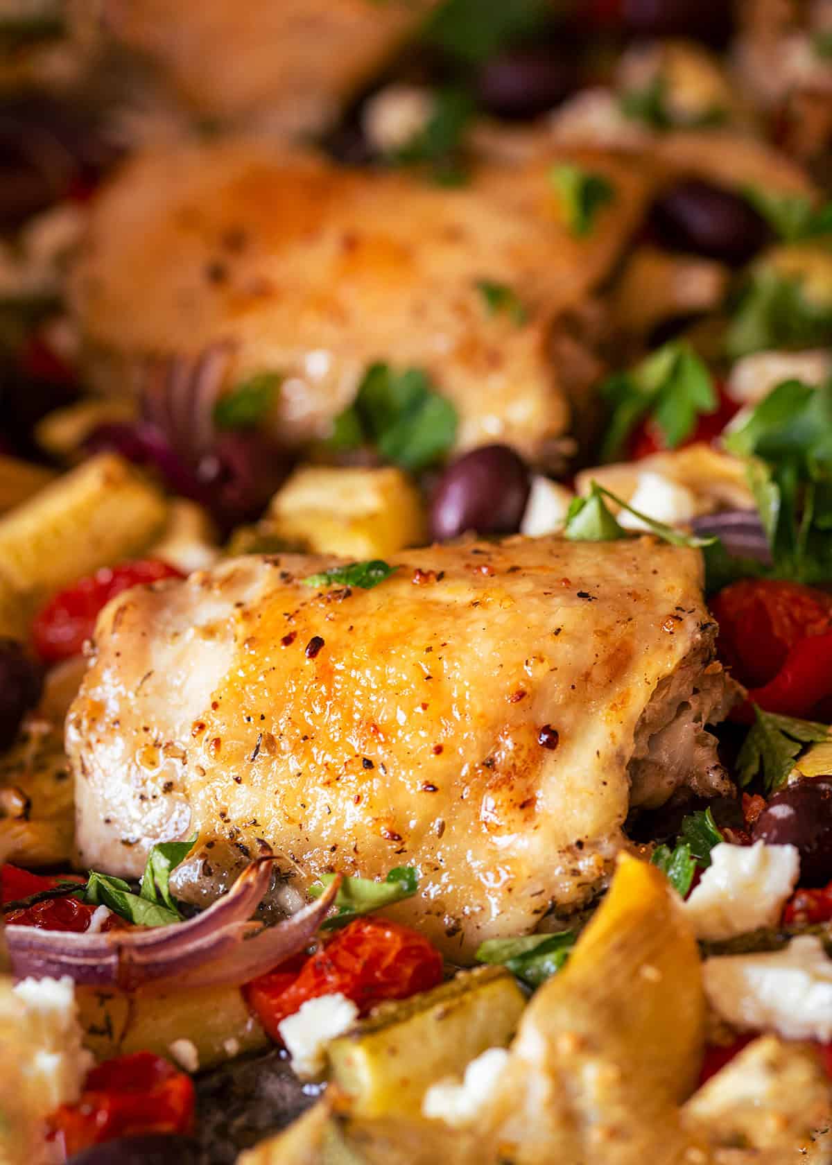 Closeup of a roasted chicken thigh nestled into a bed of cooked vegetables like tomato, red onion, olives, and artichokes.