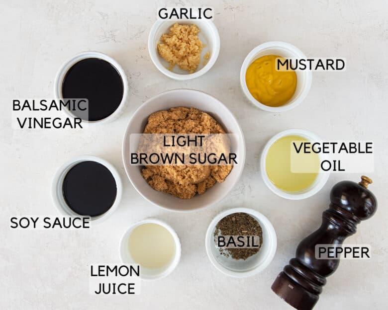 Ingredients for chicken thigh marinade with text labels.