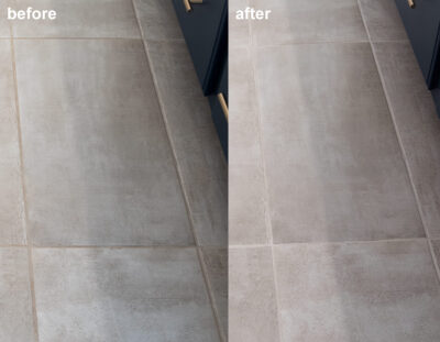 Before and after of cleaning tile grout lines.