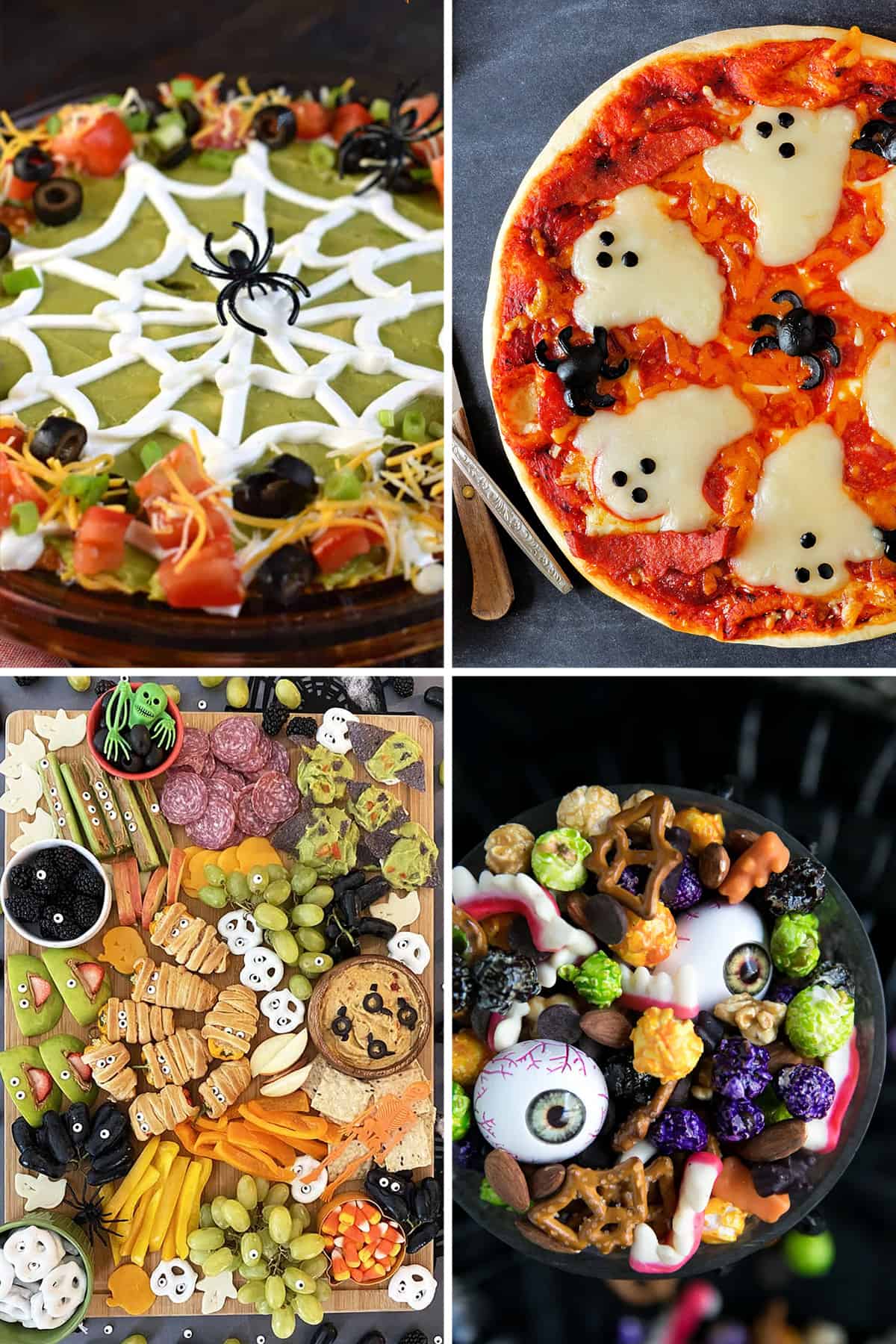 Collage of Halloween appetizers for a party including spider taco dip, a Halloween charcuterie, and colorful popcorn mix.