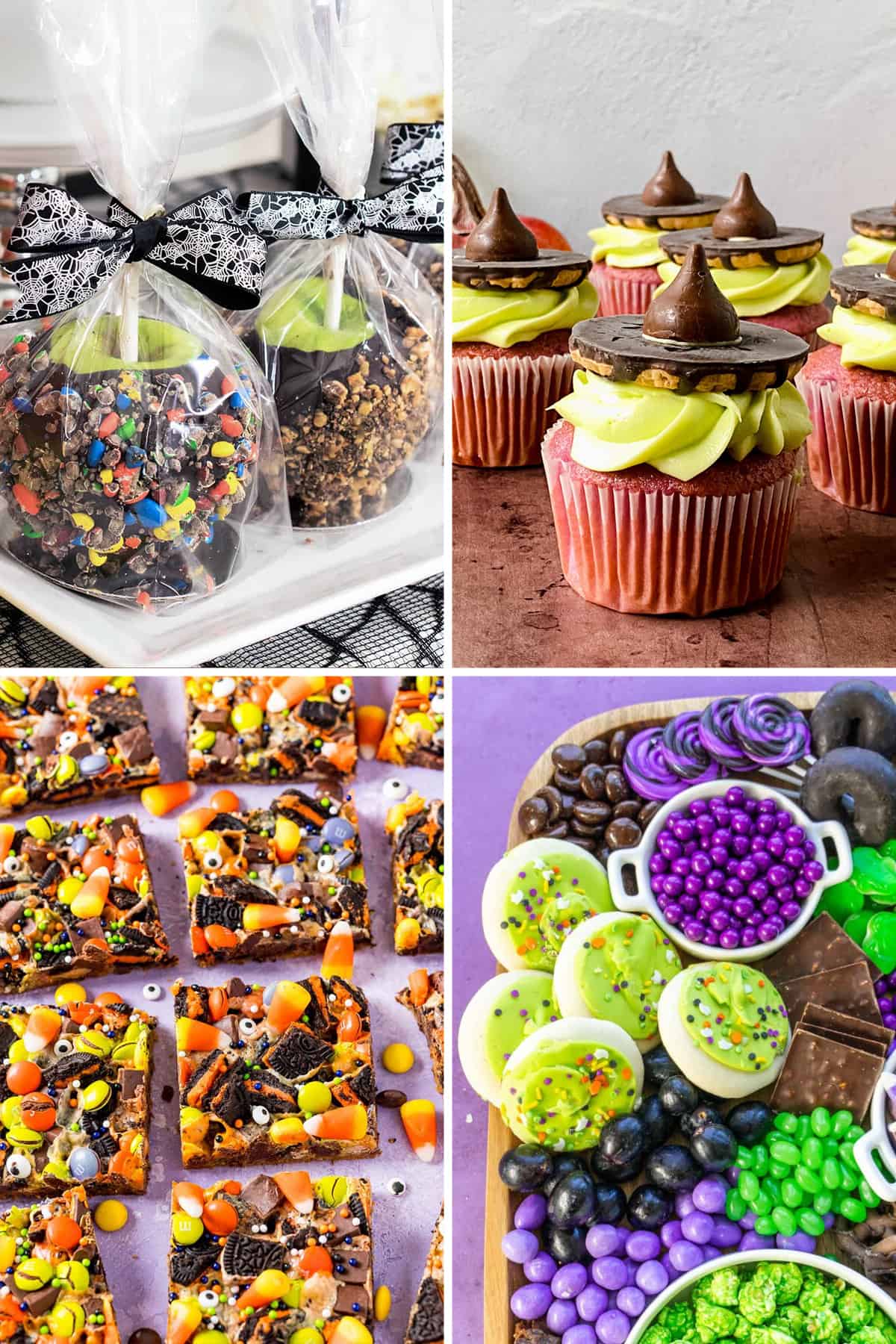 Collage of halloween party desserts including chocolate dipped apples, witch cupcakes, candy bars, and a dessert snack board.