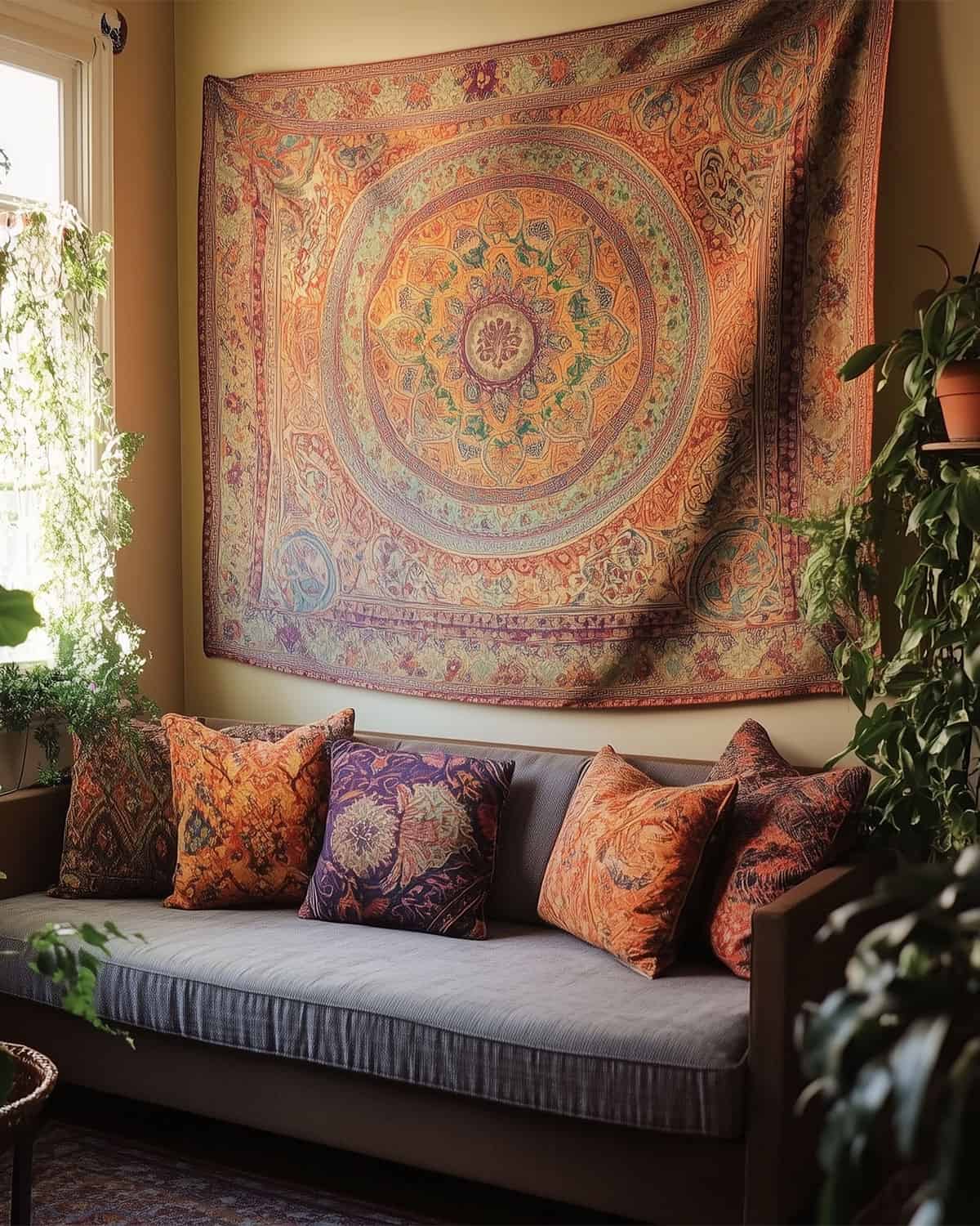 Large tapestry in shades of orange and pink and blue featured in modern boho living space with low couch and coordinating pillows.
