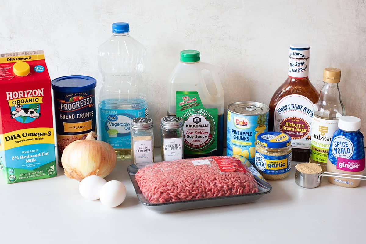 Ingredients to make Hawaiian meatballs including from scratch meatballs.