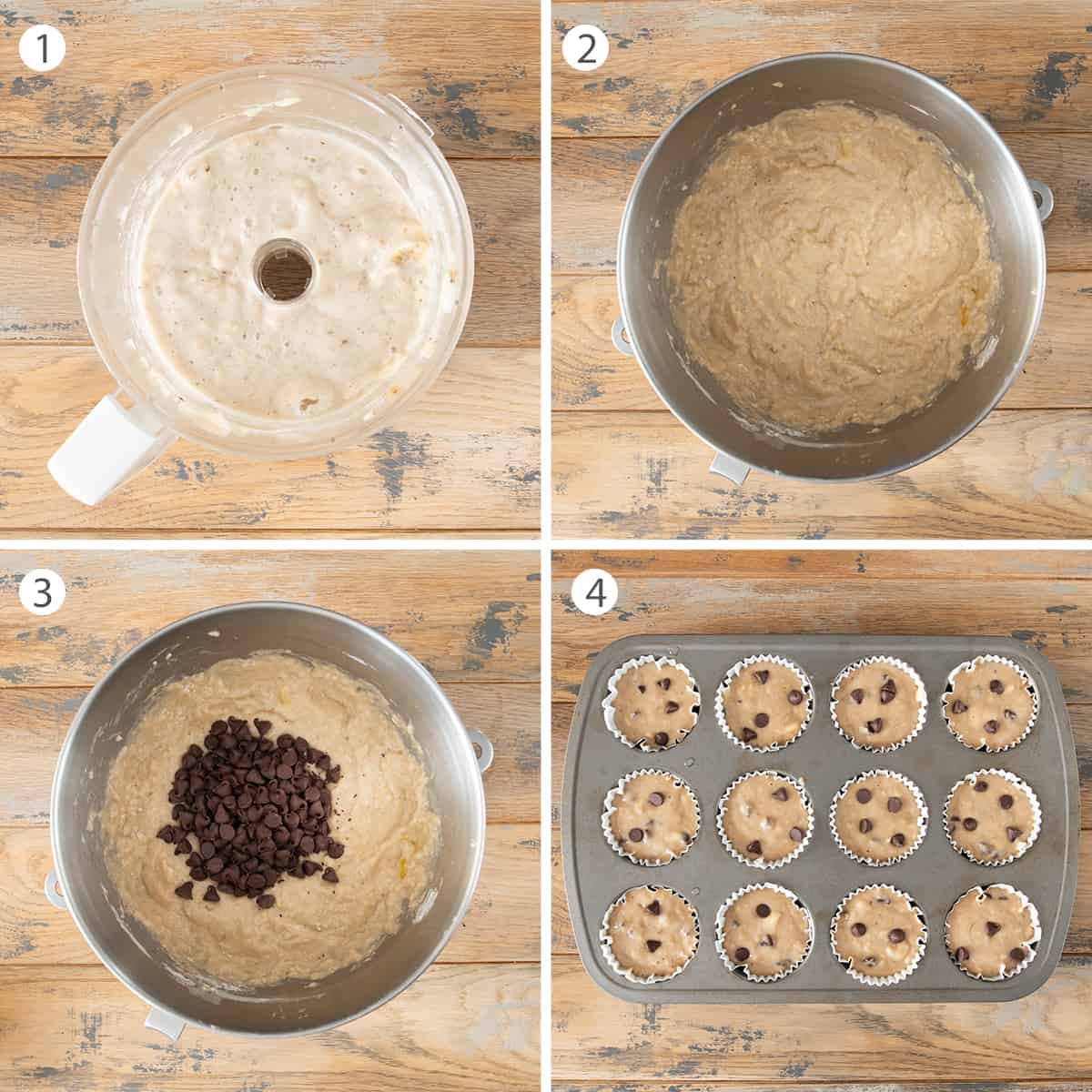 Steps to make chocolate banana muffins including batter and filling the cups.