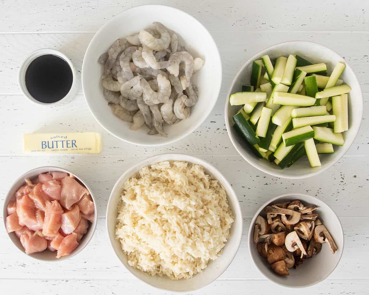 Chicken and Shrimp hibachi ingredients laid out on a table.
