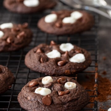 Hot Chocolate Cookies with marshmallows on cookie sheet.