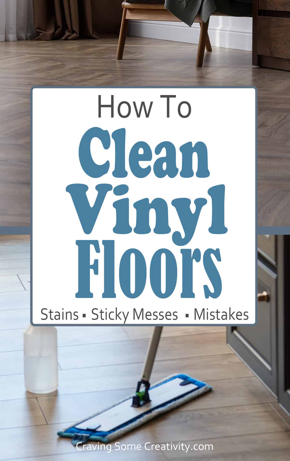 A room with vinyl flooring with a mop and soap with post title.