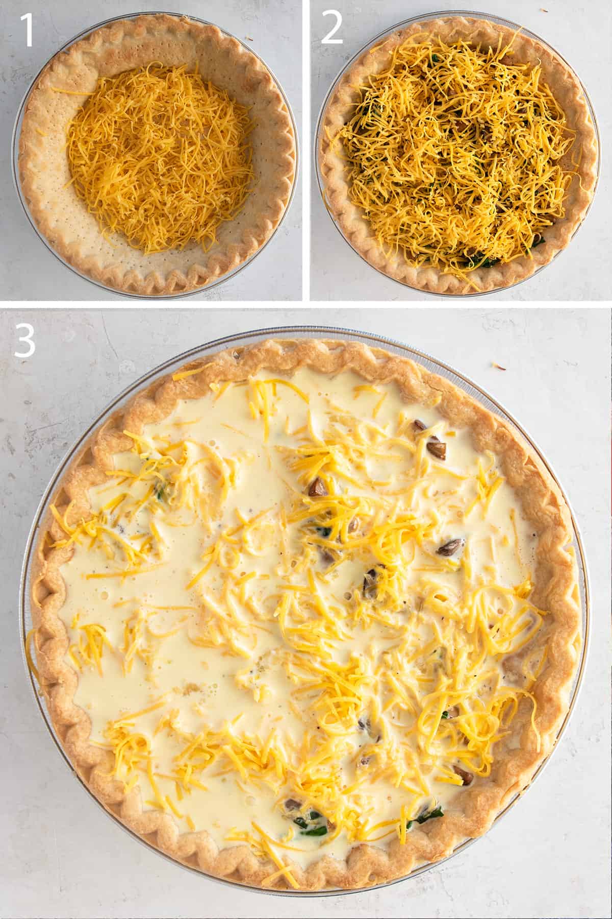 Collage showing how to layer a quiche for baking.