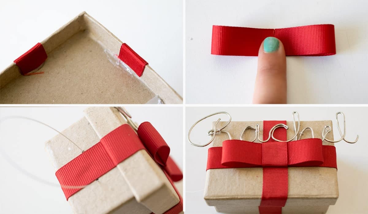 Steps of gluing red ribbon to small personalized gift box ornaments.