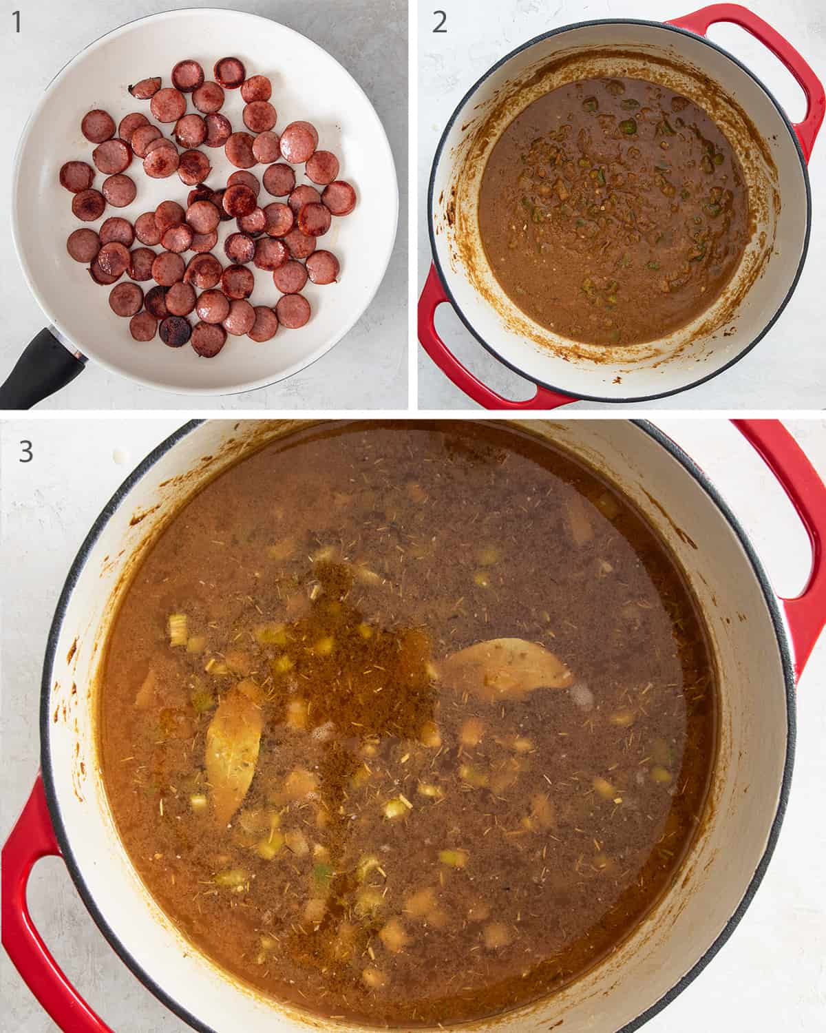 Overhead collage of steps to make gumbo including browned sausage in a pan, the gumbo base, and after the chicken broth is added.