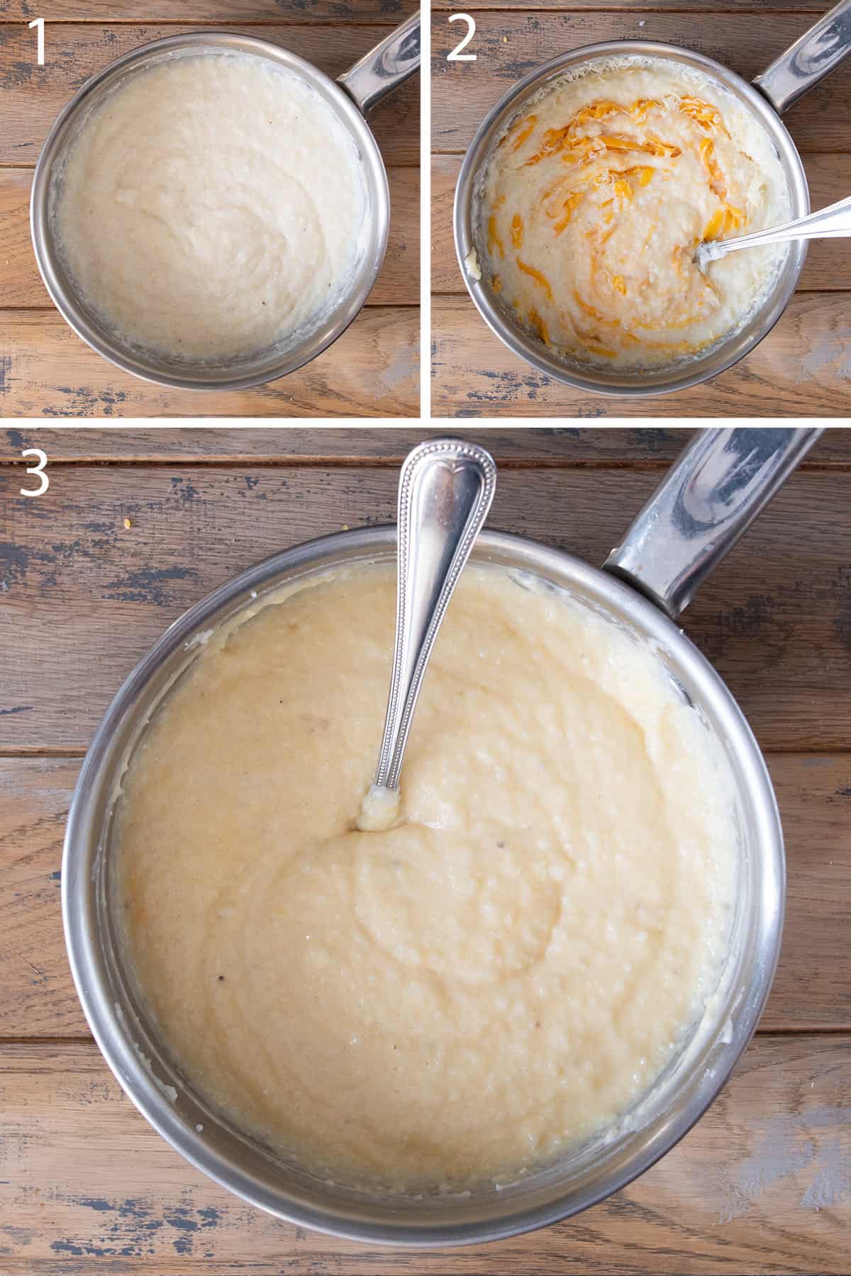 Collage of steps to make grits that shows texture and color of creamy grits.