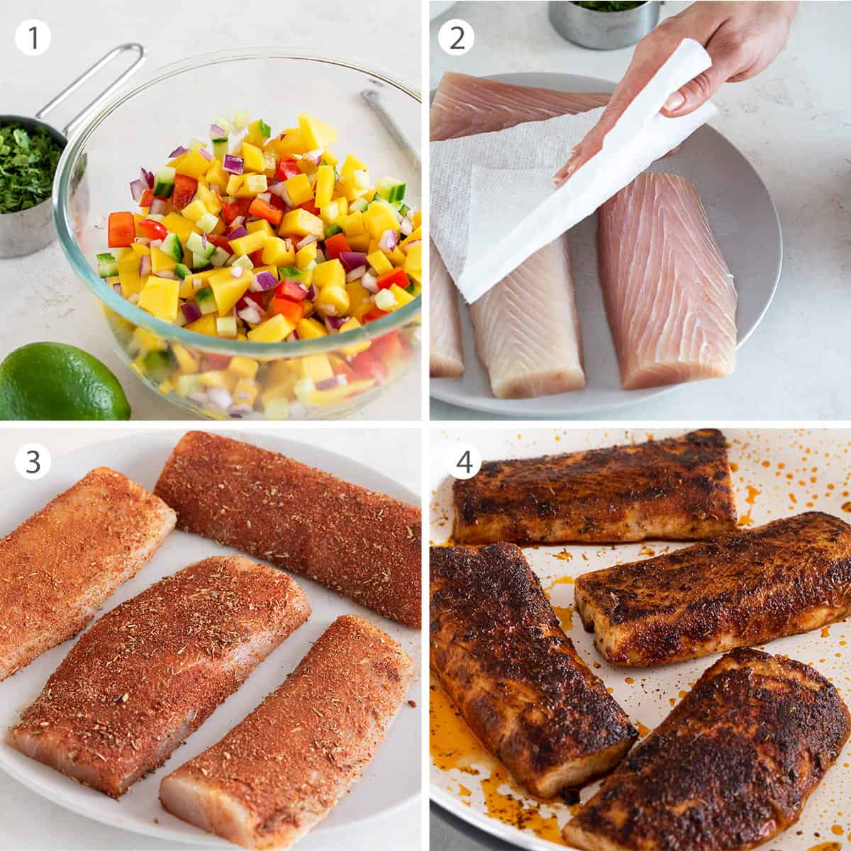 Collage of steps to make Blackened Mahi mahi fish with seasoning and mango salsa shown.