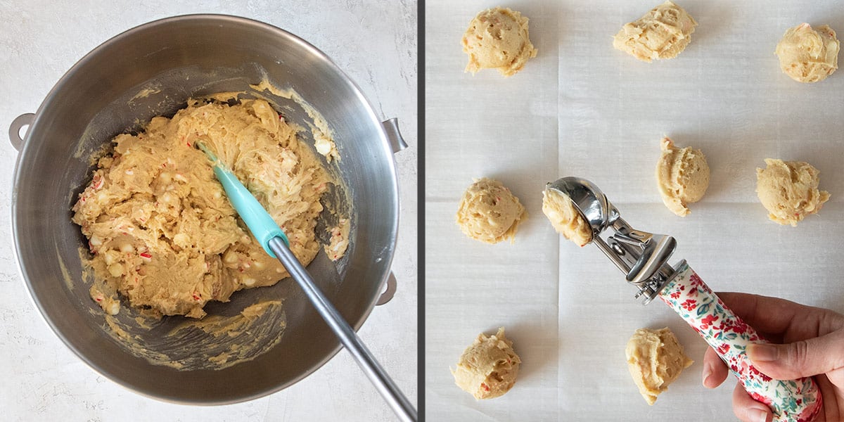 Collage of photos on how to make Peppermint cookies including the dough and scooping the batter.