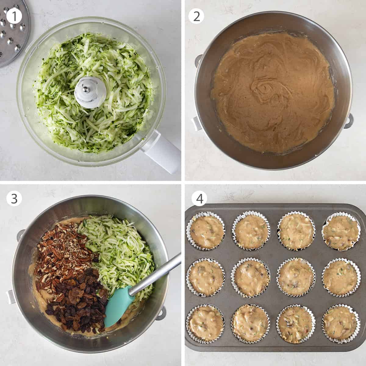 Collage of instructions to make zucchini bread muffins including shredding the zucchini, preparing the batter, and filling the pan.