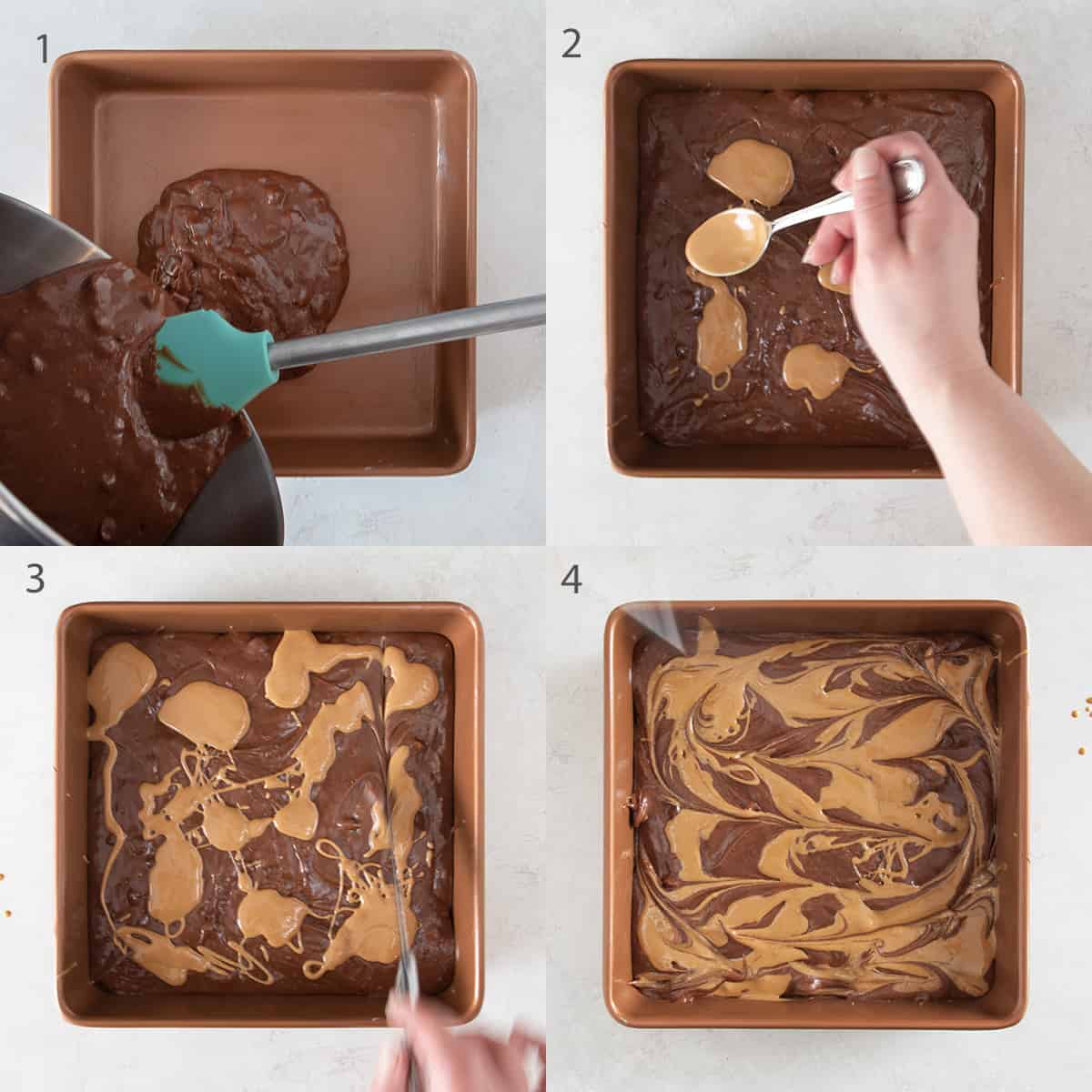 Collage of how to swirl brownies with pouring, dolloping, and marbling with a knife.
