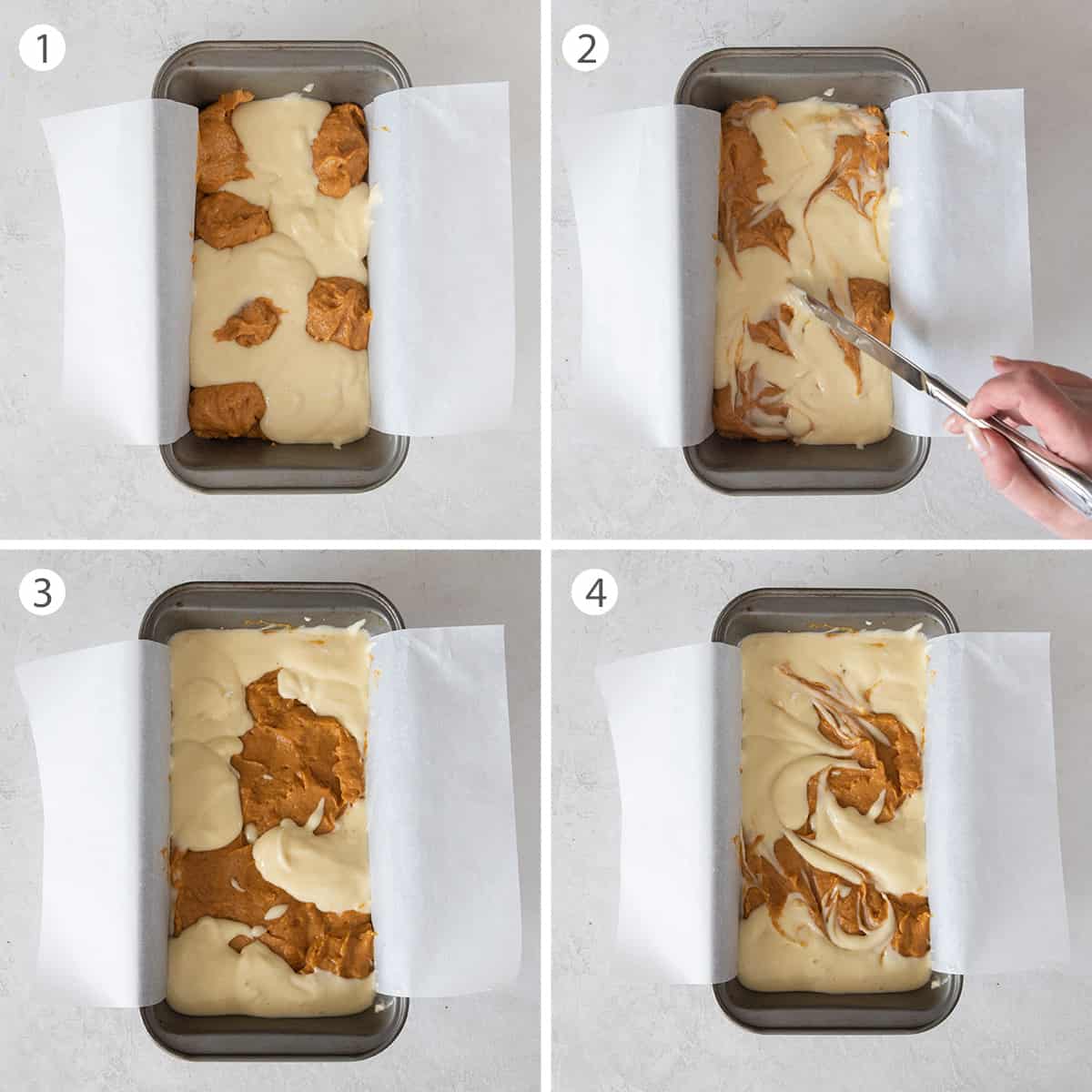 Steps to how to marble pumpkin cream cheese bread.