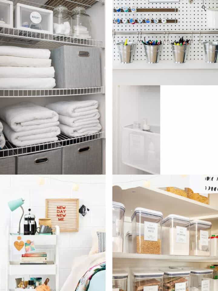 Collage of organized spaces with practical Tips to organize small rooms title overlay.