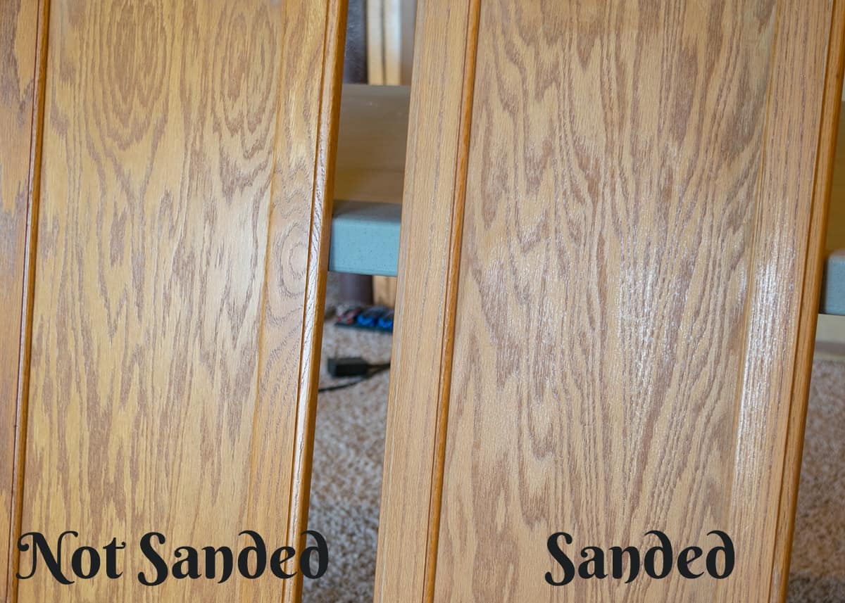 Two cabinet doors showing how much to sand before and after.
