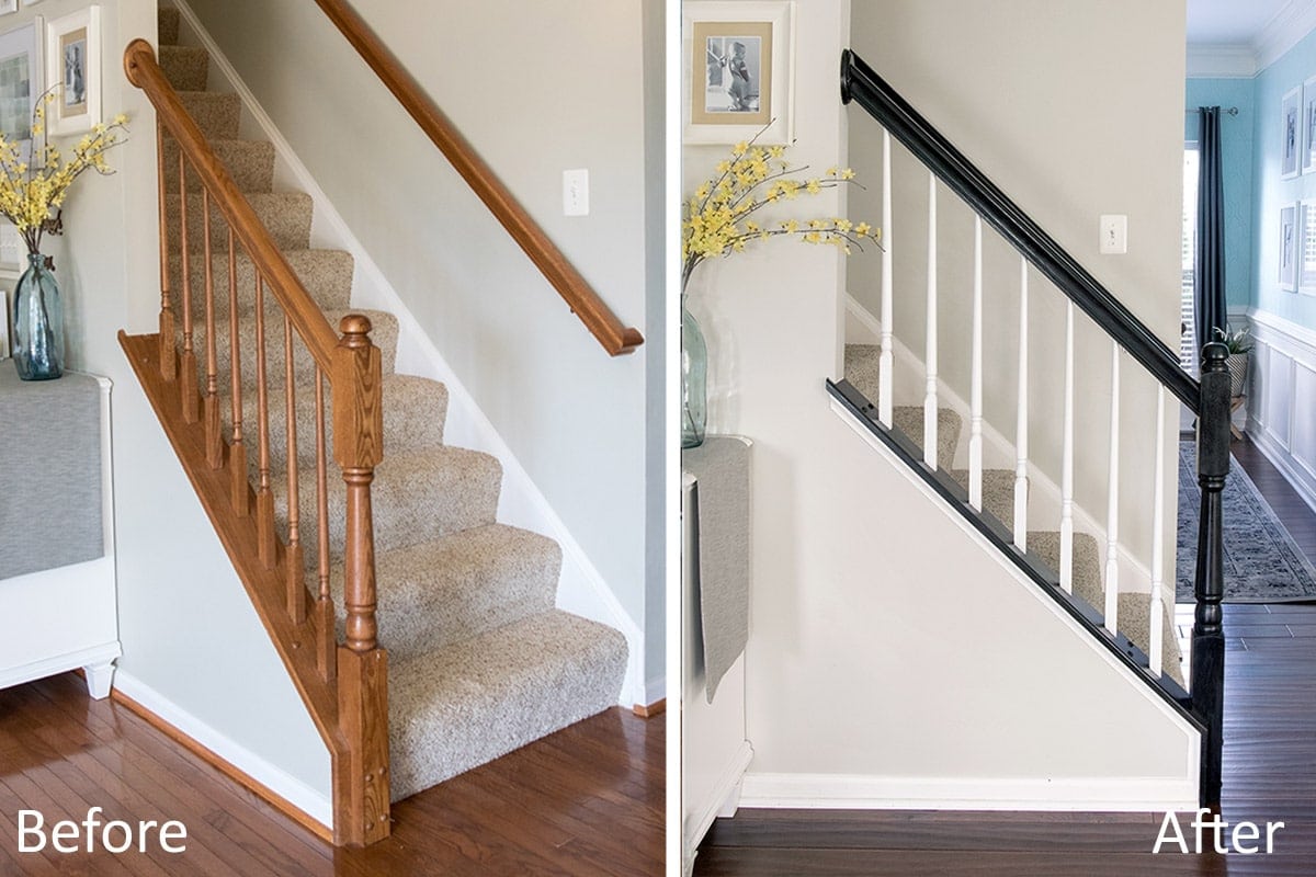 Before and after of painted stair railing.