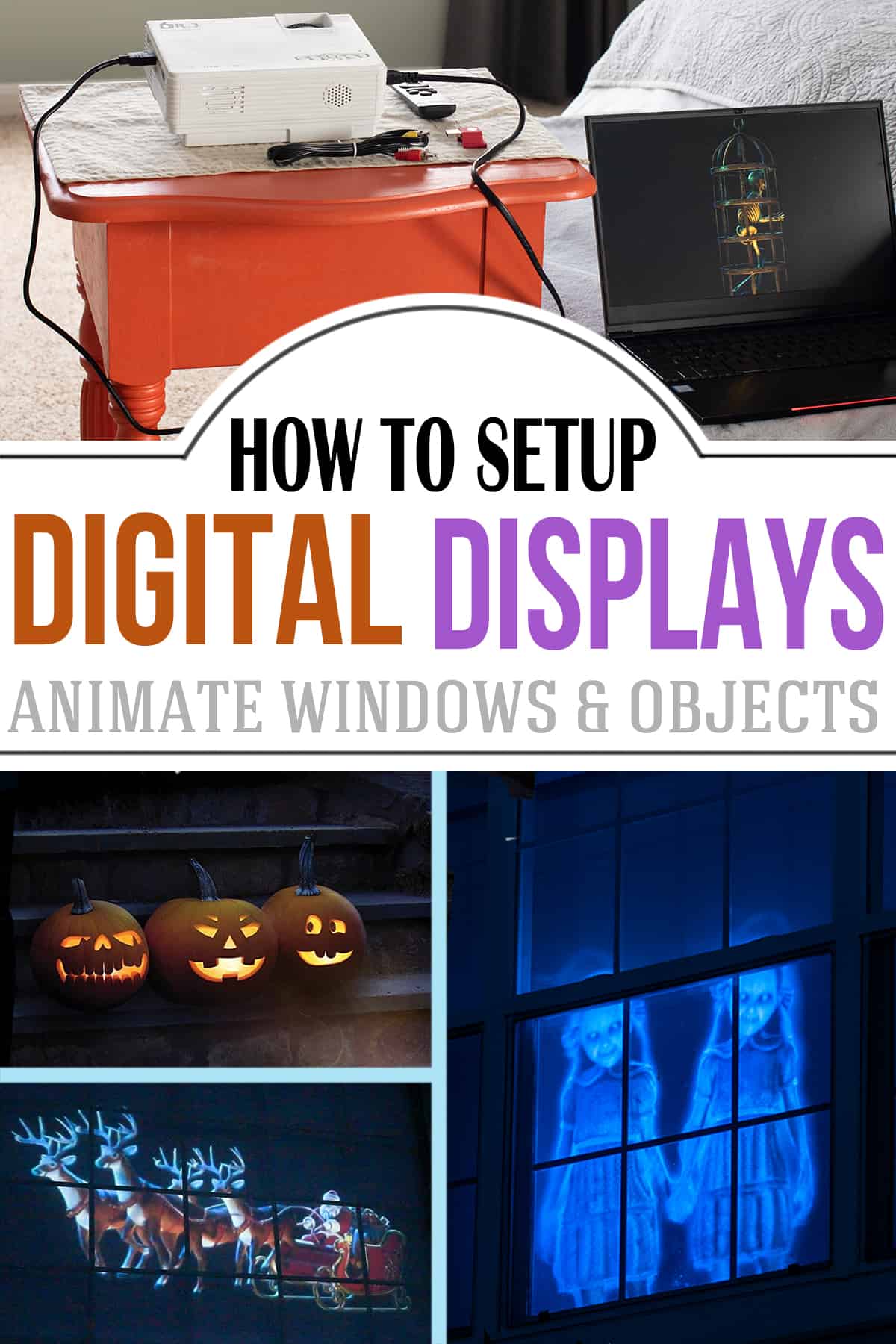 A collage of holographic digital displays and a window projector setup for Halloween.