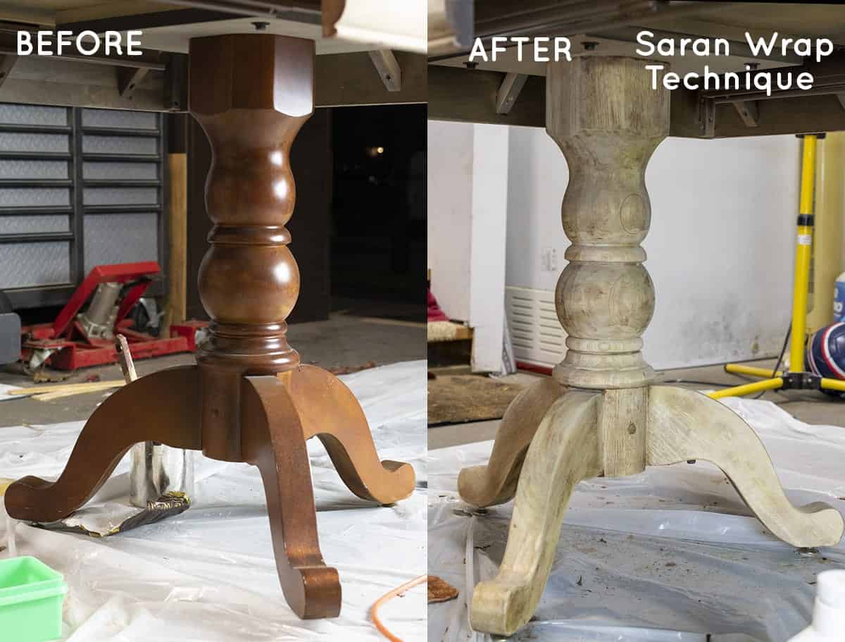 Before & after Saran wrap stripping technique table legs.