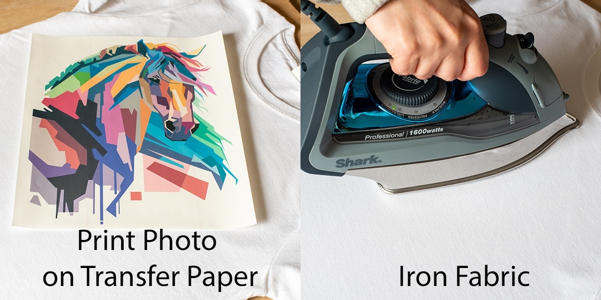 Collage of horse head printed on transfer paper and prepping the fabric with an iron for transferring the photo.