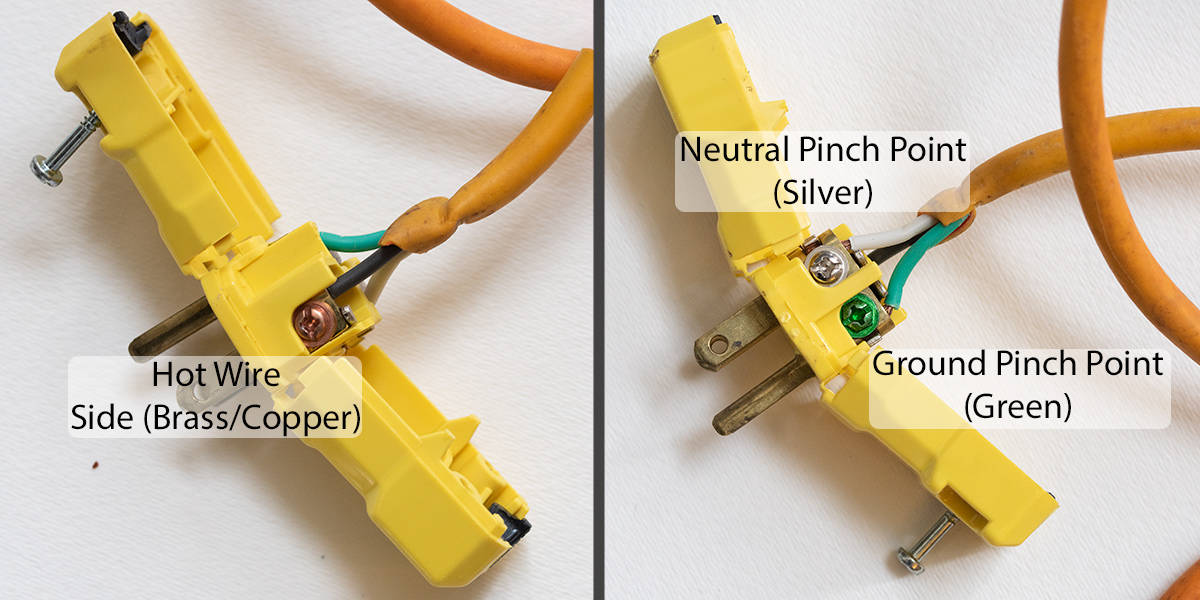 Two sides of a replacement 3 prong plug showing the terminals for wires.