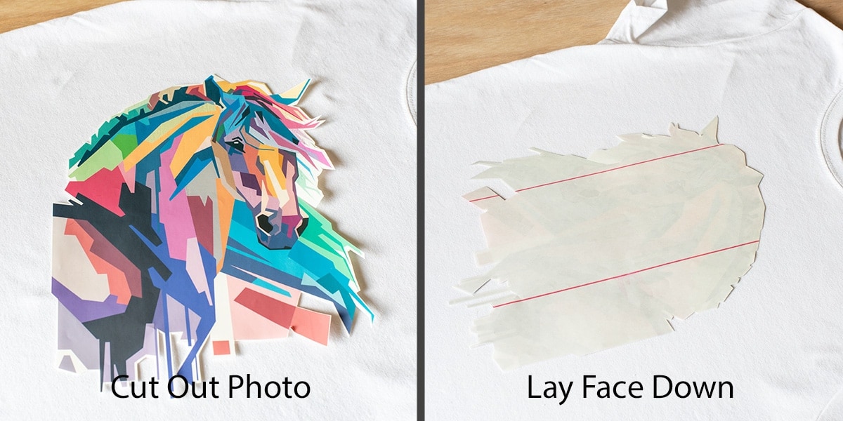 Demonstration of photo of horse head cut out of transfer paper and laid face down.