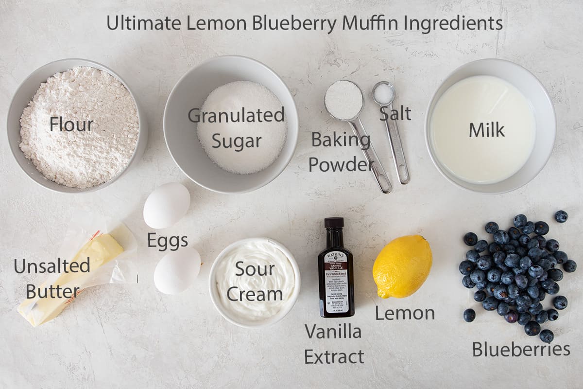 Ingredients for lemon blueberry muffins with text labels.