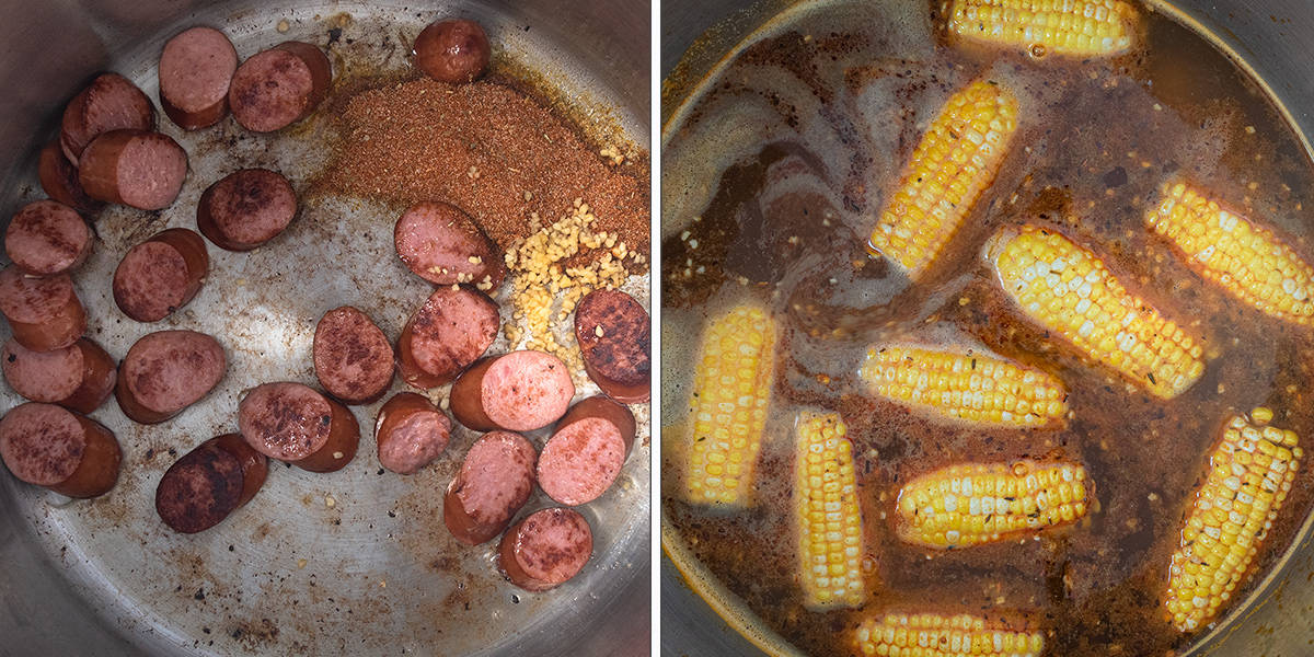Steps to make a shrimp boil with corn and potatoes simmering in a large pot.