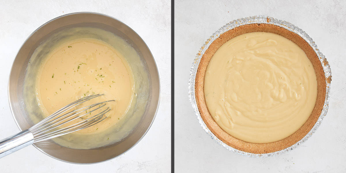Collage of two steps for making pie filling recipe.