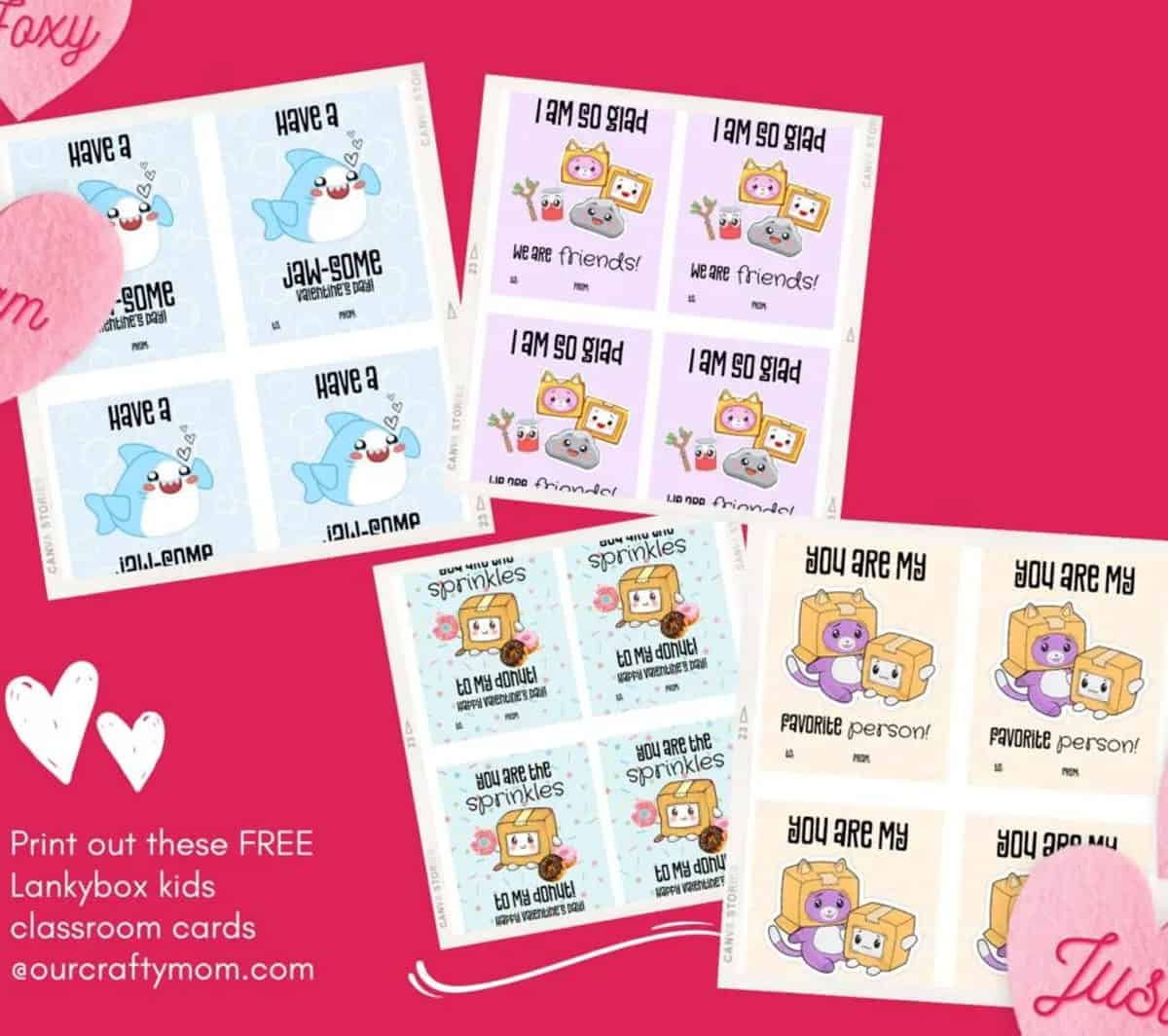 Several lankybox kids valentines day card with sweet phrases on them.