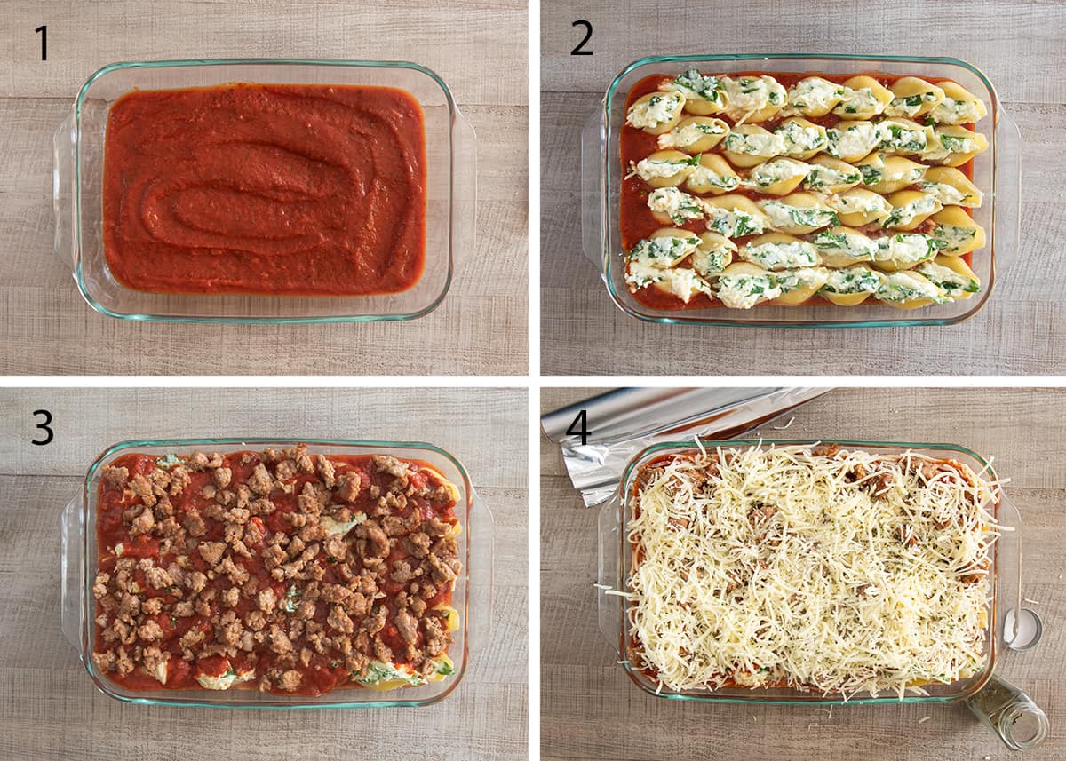 Collage of steps to layer stuffed shells recipe including the marinara, filling the shells, and topping with sausage and cheeses.