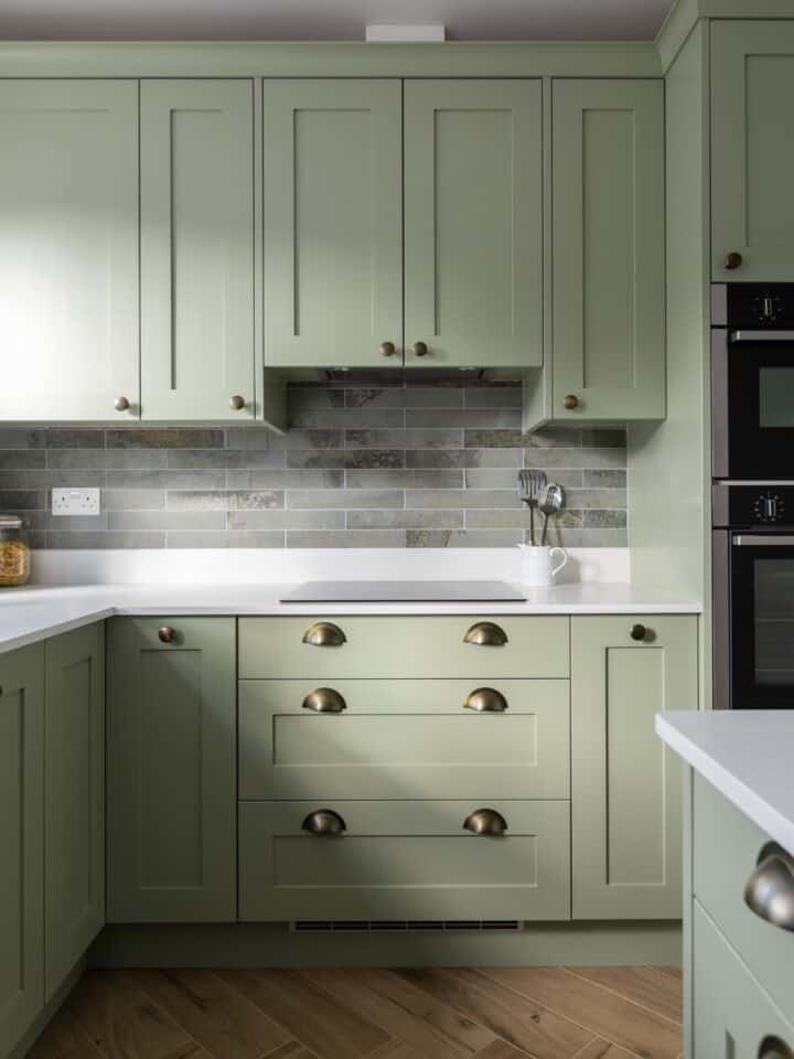 Closeup of green kitchen cabinets with antique brass pulls and white countertops.