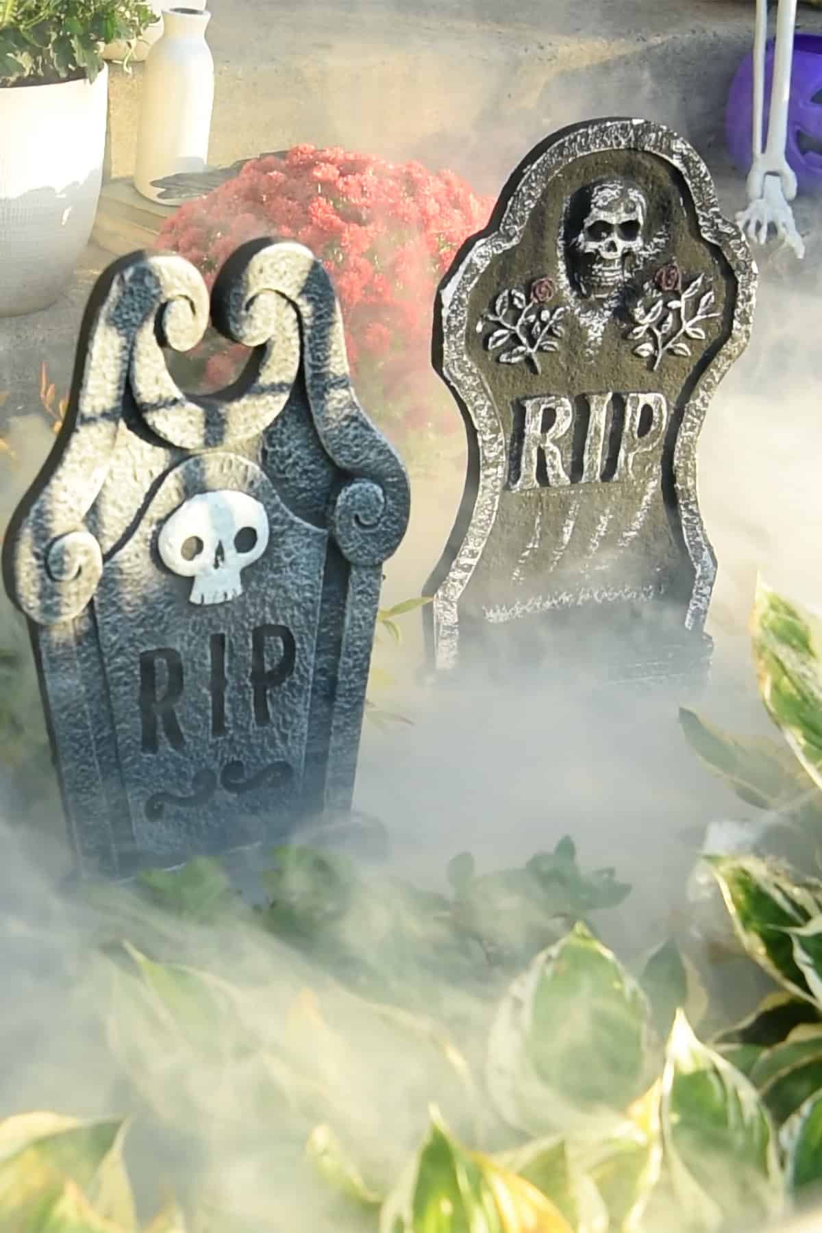Tombstones with low lying fog around them.