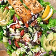 Salmon Avocado Salad with Mediterranean and Greek flavors on a platter.