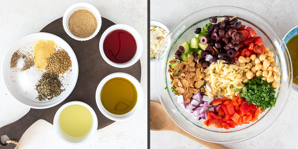 How to make medierranean orzo salad with dressing and ingredients thrown together.