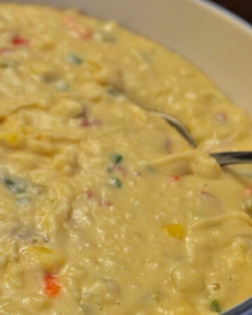 Closeup of Mexican mashed potatoes in a pot also known as papas con chile.