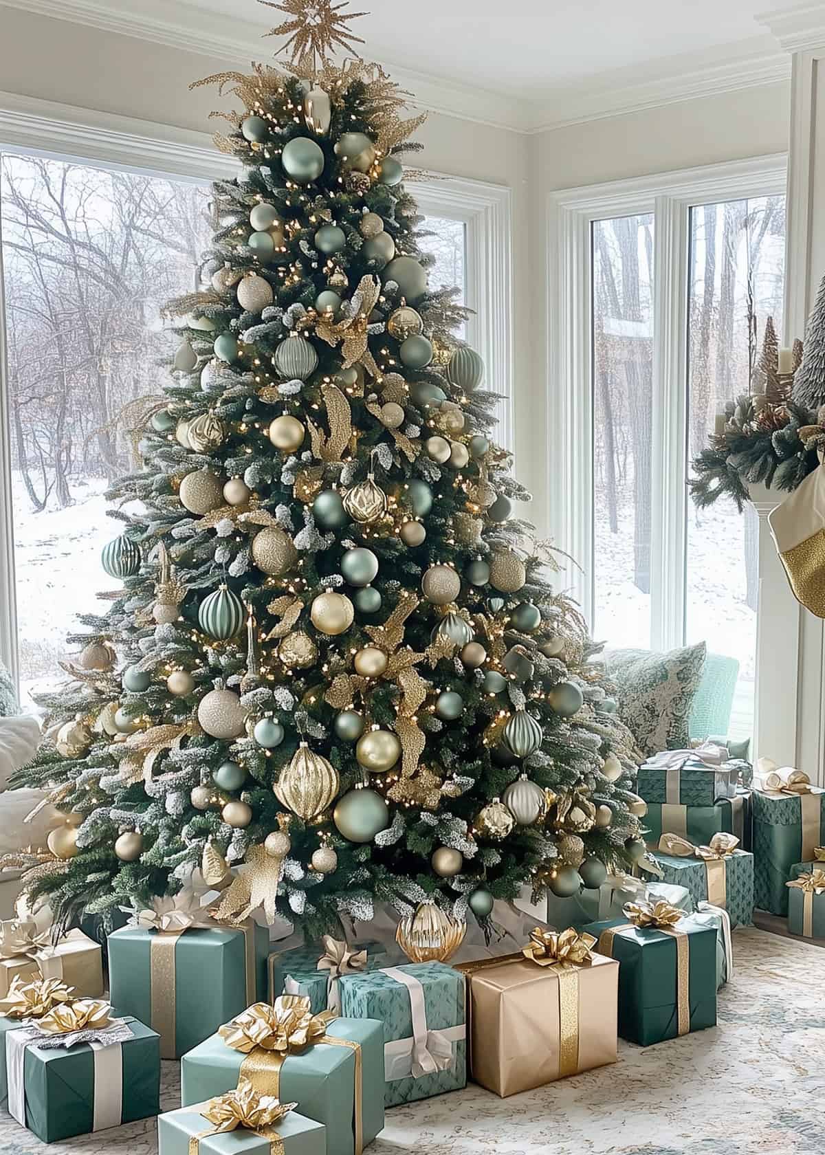 Mint green and gold Christmas tree in a living room with white walls and windows. Many packages under the tree.