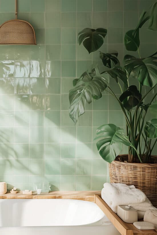 A bathtub with mint green square tiles on the wall over it.
