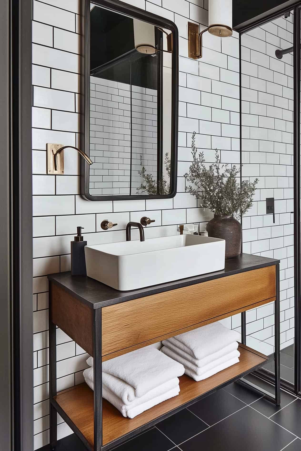 Modern industrial subway tile bathroom with white subway tile and black grout. Accented with dark grey floor and industrial open shelf vanity.