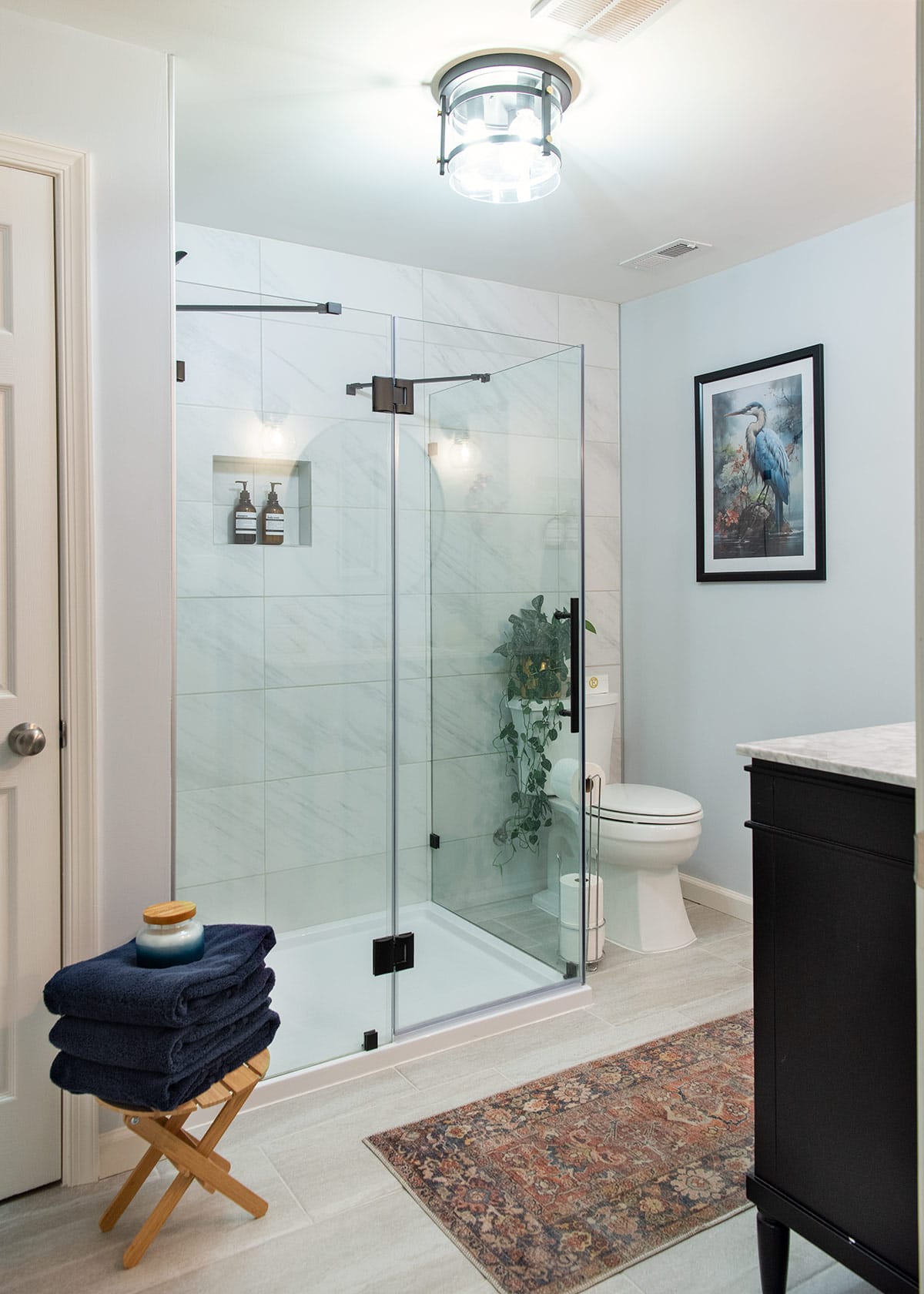 Cozy traditional basement bathroom with no windows and a boho aesthetic.