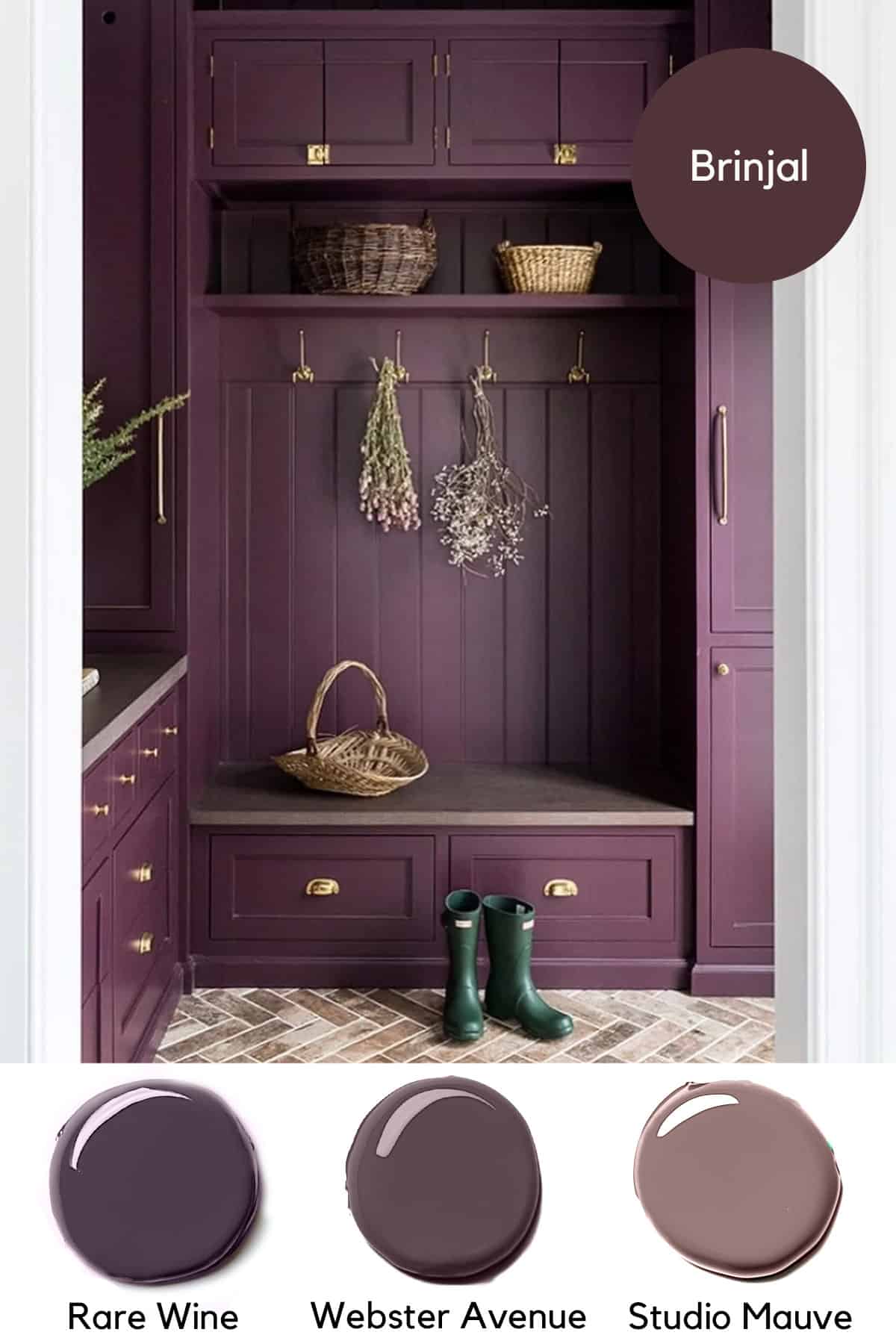 A mudroom painted in Brinjal by Farrow and Ball with other moody purple paint colors.