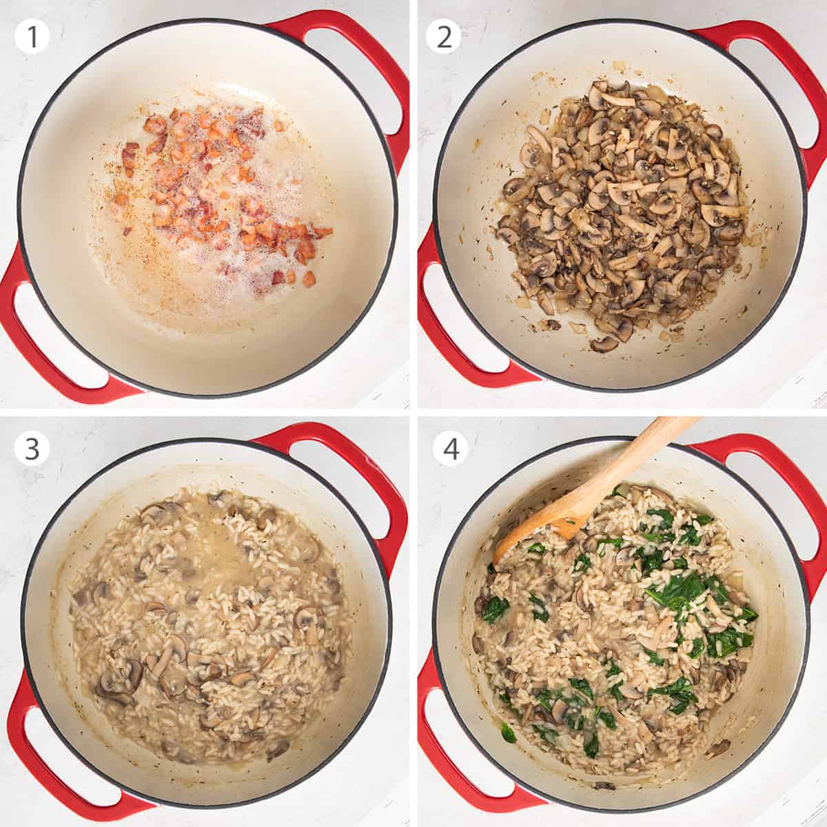 Steps for making mushroom risotto.