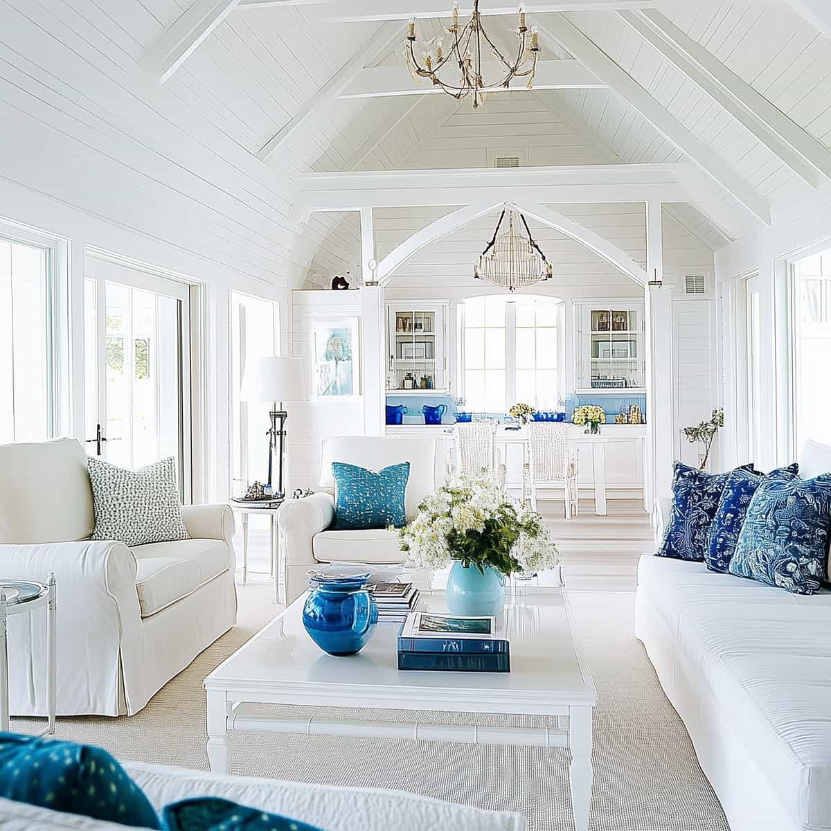 Light and bright coastal living room in white palette with blue decorative accents with view of kitchen in the background.
